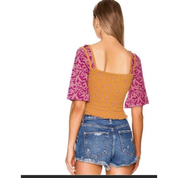 Free People Marigold Smocked Crop Top Golden Combo NWT XS - Picture 3 of 11